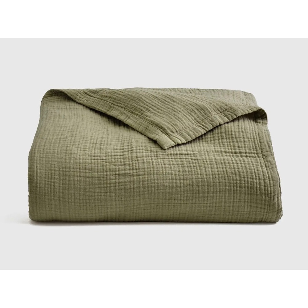 Quince Organic Cotton Gauze Blanket King Olive Green Textured Bedding New